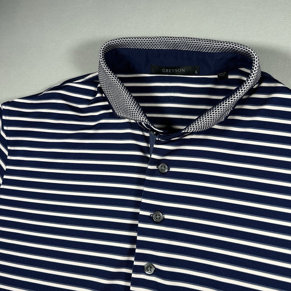 Greyson Polo Shirt Mens Large Navy White Striped Golf Knit Collar Stretch Wolf
